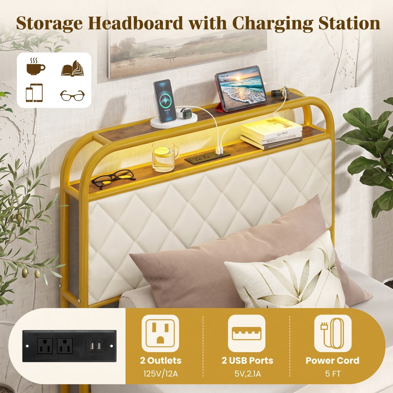 Furnibear Twin Size Metal Bed Frame with LED Lights Charging Station Storage Drawers and Upholstered Headboard for Bedroom, Gold