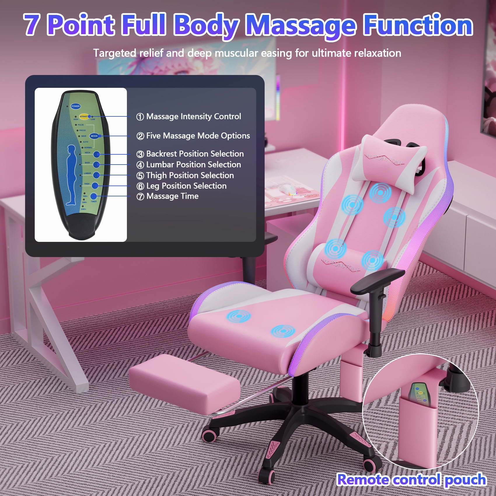 Mr IRONSTONE Gaming Chair for Adults, 7 Point Massage Computer Chair with Bluetooth Speakers RGB, Heavy Duty 400lbs Ergonomic PC Chair with 3D Armrests Footrest, Pink/White