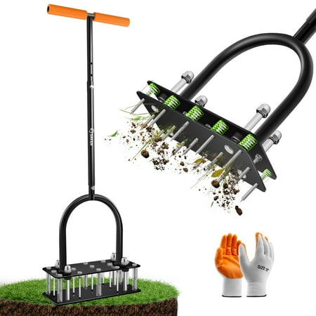 Lawn Aerator Tool, Lawn Aerator with 15 Iron Spikes, Automatic Leaf and Dirt Cleaning with Spring-Loaded Design, Metal Manual Aerator for Loosening Soil Aerating Patio, Yard, Garden Black