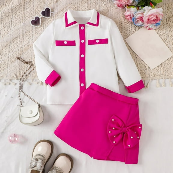 Girls Fall Fashion Color Collision Long Sleeves Lapel Shirt Beaded Bow Dress Pants Two PC Set