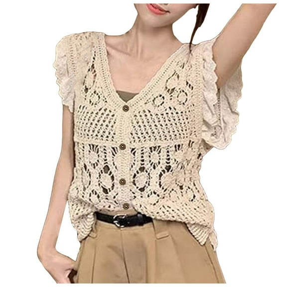 GEWSEY Women's Cardigan Crochet Top Vest With Butterfly Sleeves And Buttons In A Summer Beach Style (Beige, One Size)