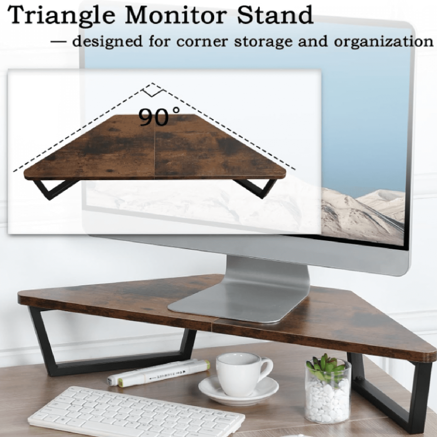 26 inch Triangle Monitor Stand Riser, Desktop Corner Shelf with Metal Leg Wood Computer Stand with Storage Laptop Riser Office Organization