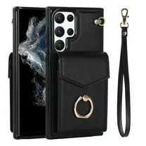 Dteck Case for Samsung Galaxy S22 Ultra,Magnetic Credit Card Holder Wallet Leather Cover Shockproof Ring Kickstand Case with Wrist Strap,Black