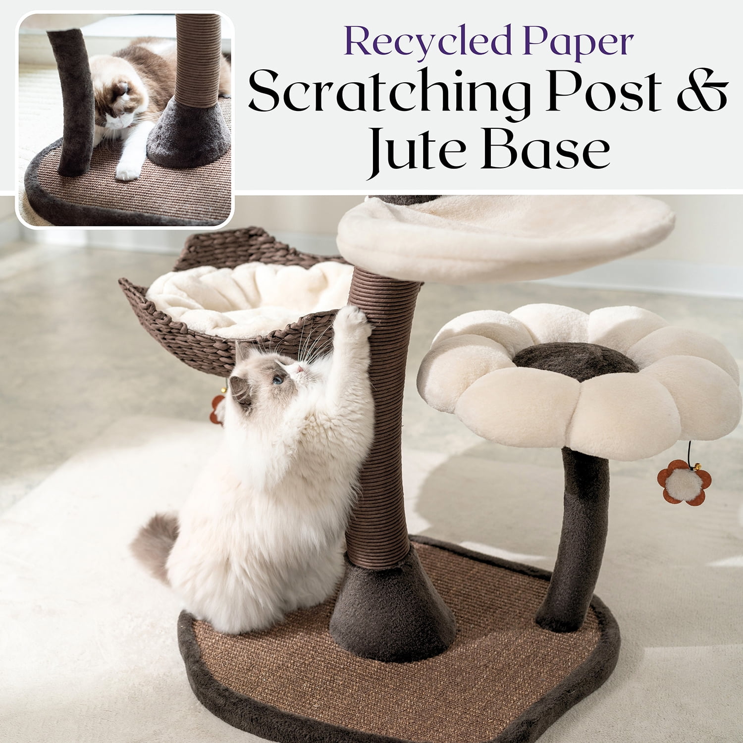 Catry Kitty Play Tower 6-Level Multi-Activity Cat Tree with Flower Perches and Handwoven Baskets