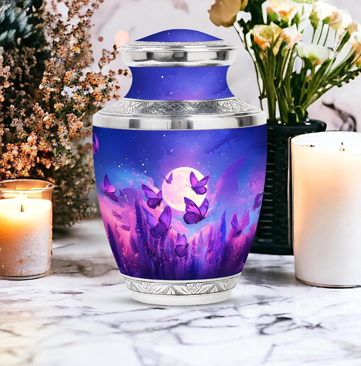 Purple Butterfly Moonlight Urn, Cremation Urn for Human Ashes, Urns for Human Ashes Adult Female, Large Cremation Urns for Ash Vase, (Size 10 Inch, 1 Pc)