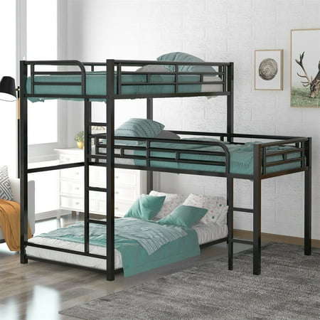 JINS&VICO L-Shaped Metal Triple Bunk Bed  Twin Size Corner Bunk Beds for 3  Bunk Bed  Twin Over Twin Over Twin Metal Slats Support Bunk Bed Frame 3 Beds Bunk Bed for Kids Teens Adults  Black