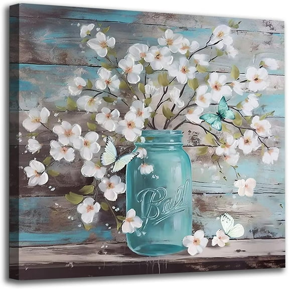 Abstract Wall Art Farmhouse Kitchen Canvas Wall Art Rustic Wall Decor Vintage Bathroom Decor Wall Art 16x16inch Country Style Wall Art Teal Blue Mason Bottle White Flower Rustic Picture Wall Decor