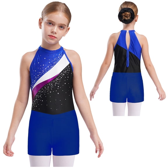 iiniim Kids Girls Sleeveless Gymnastics Leotard Unitard Tumbling Biketard with Shorts Matching Hair Scrunchie Set Royal Blue 10