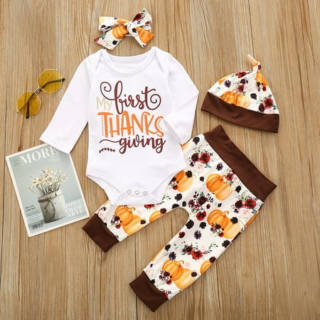 

EQWLJWE Thanksgiving Outfit Newborn Newborn Infant Baby Girl Thanksgiving Print Letter Romper+Pants+Hat+Hairband Set