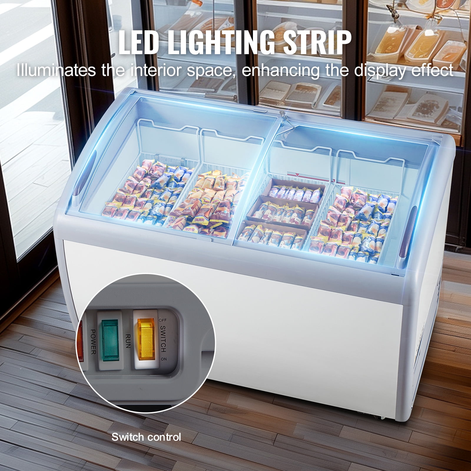 KFFKFF Professional Ice Cream Showcase, 12.8 Cubic Feet Storage Freezer, Portable Transparent Lid Deep Freezer, Dining Establishment Sorbet Serving Cabinet with 4 Metal Baskets