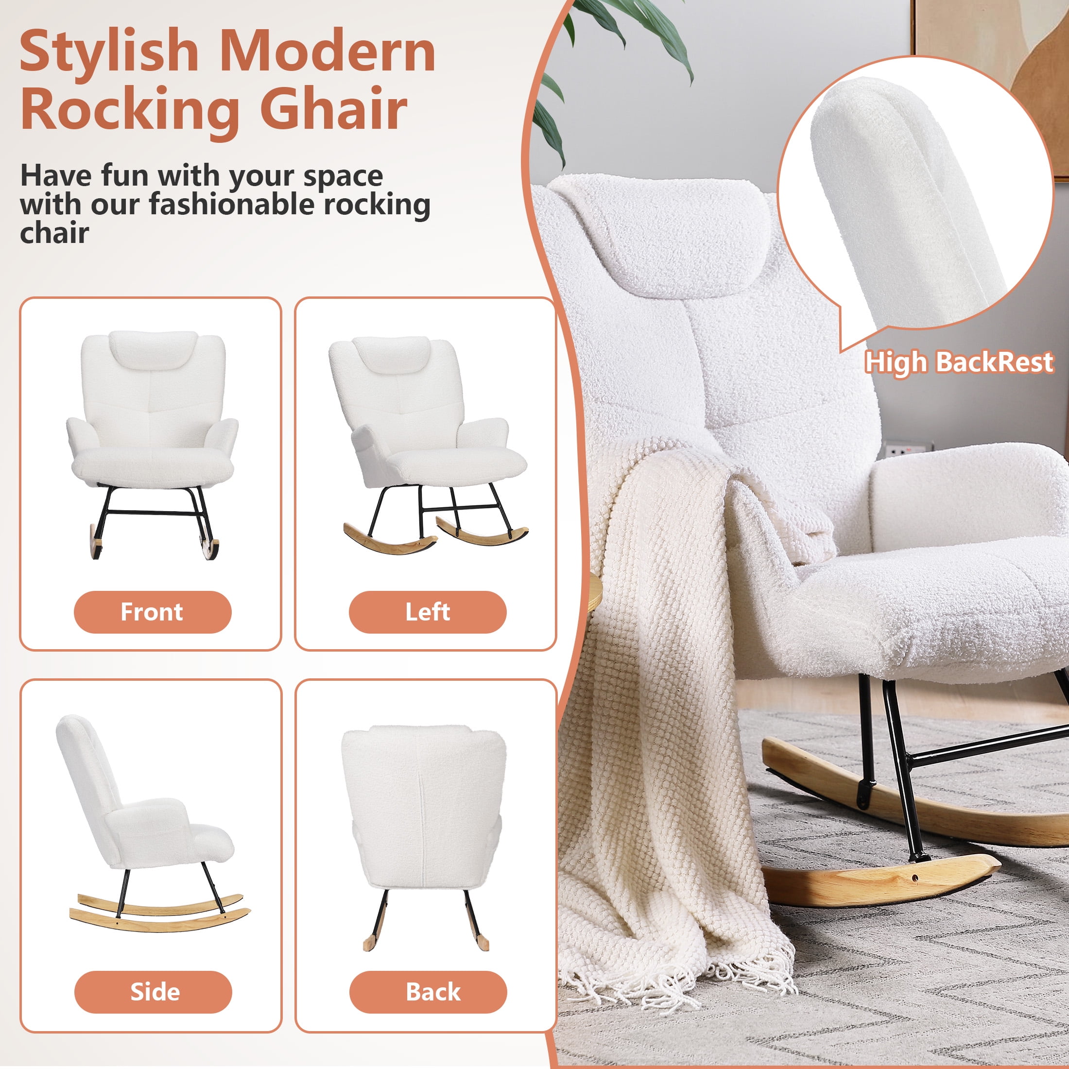 Vipuse Metal Frame Modern Rocking Chair with High Backrest & Padded Seat - Stylish Nursery, Bedroom, and Living Room Accent Chair