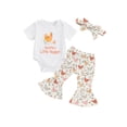 thumbnail image 2 of Baby Girl Summer Outfits Letter Print Short Sleeve Rompers Hen Print Flare Pants Headband 3Pcs Clothes Set, 2 of 10