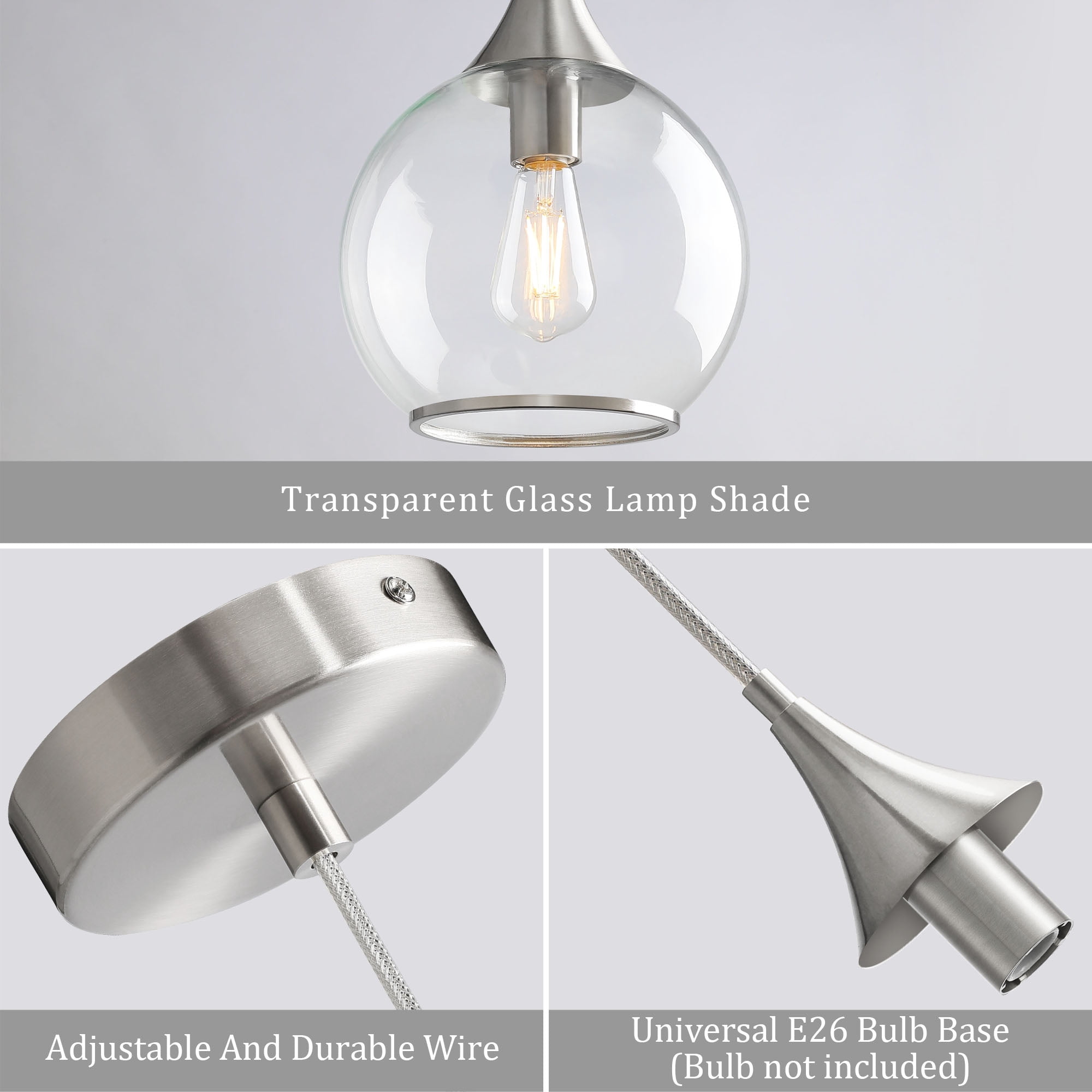 KAISITE Modern Dimmable Kitchen Island Pendant Light, Brushed Nickel Clear Glass Shade Hanging Fixture