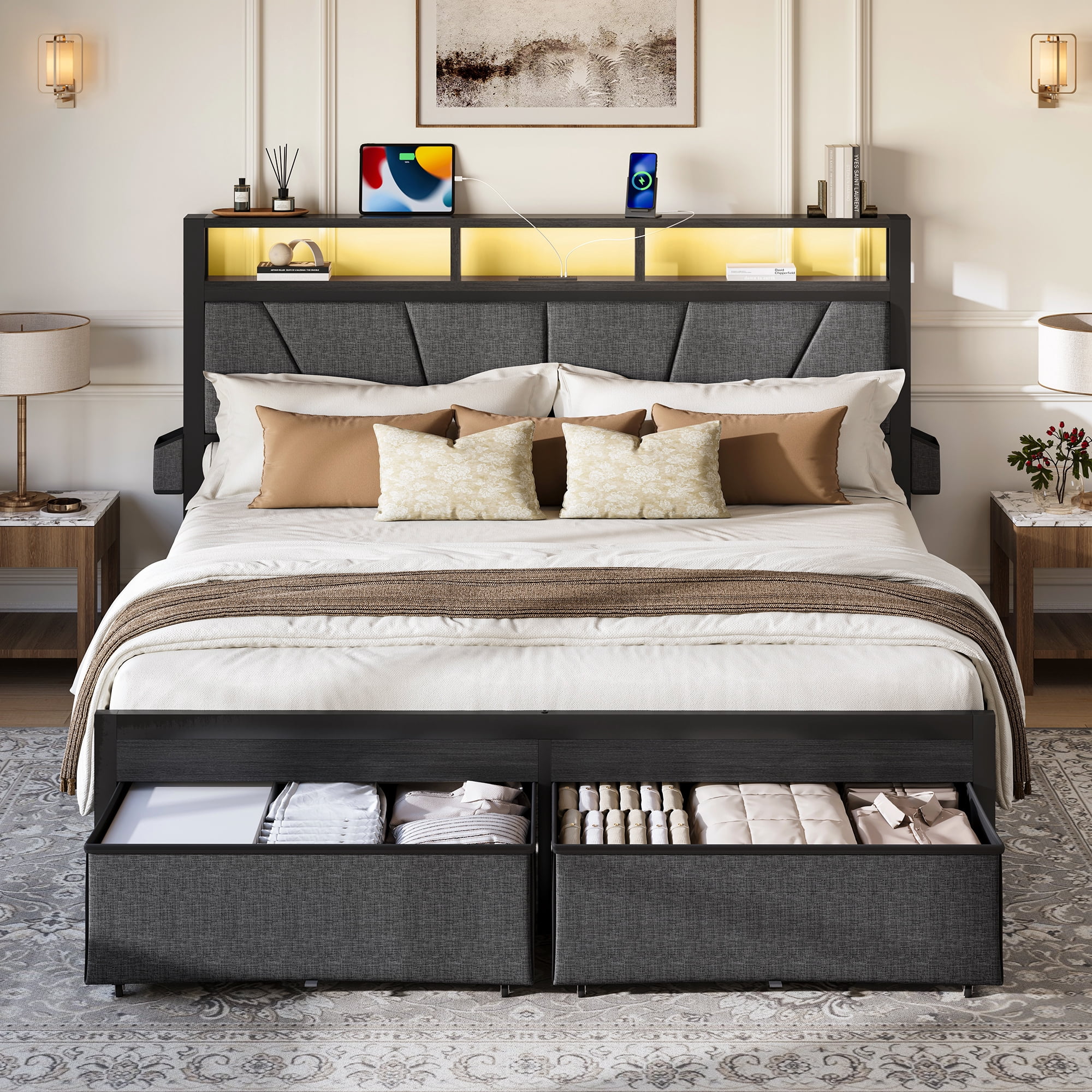 Full Size Bed Frame With Upholstered Headboard & Storage Drawers, Platform Bed With Led Lights & Charging Station, Black