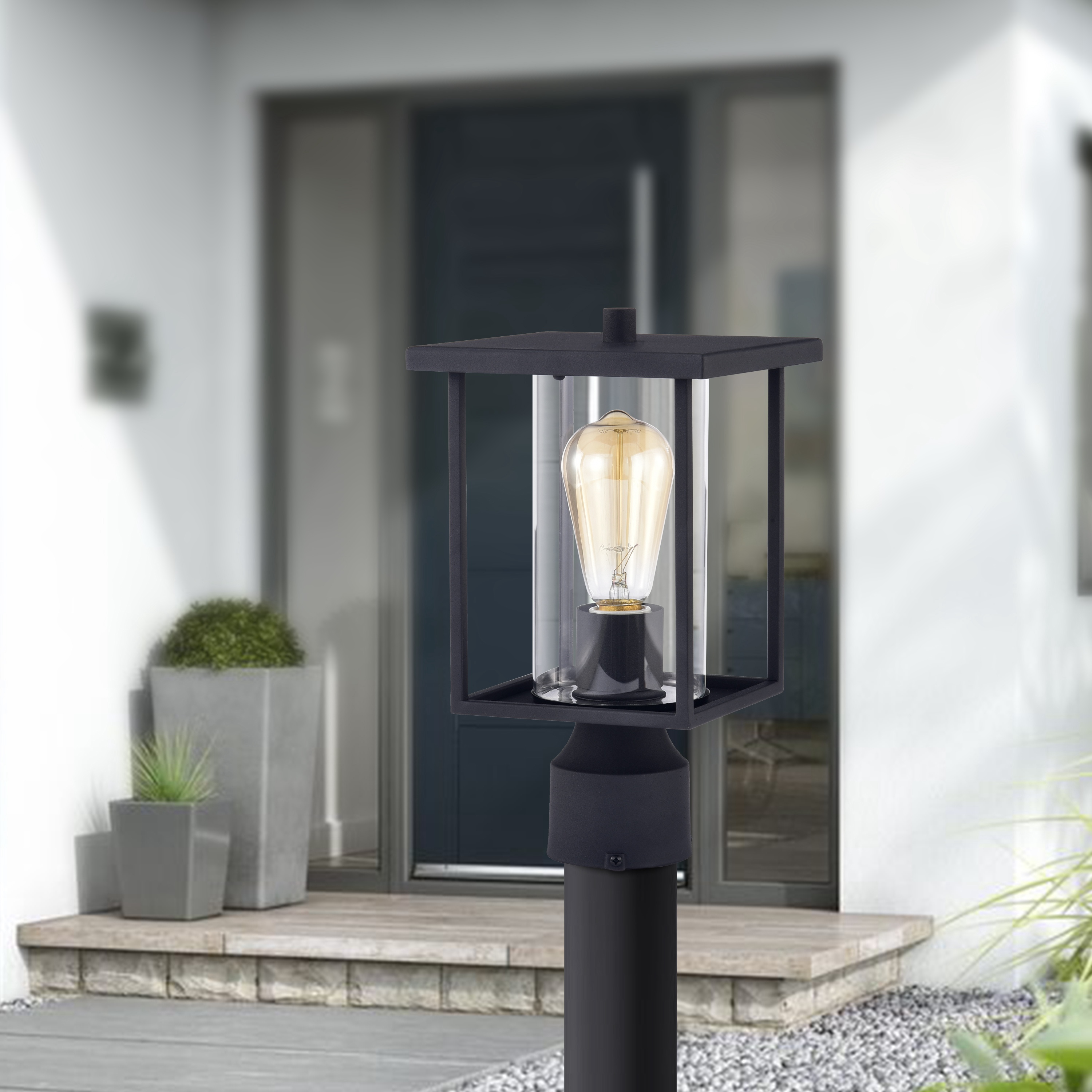 C Cattleya 1-Light Black Outdoor Post Light with Clear Glass Shade Waterproof Lantern Lighting Fixtures(E26)
