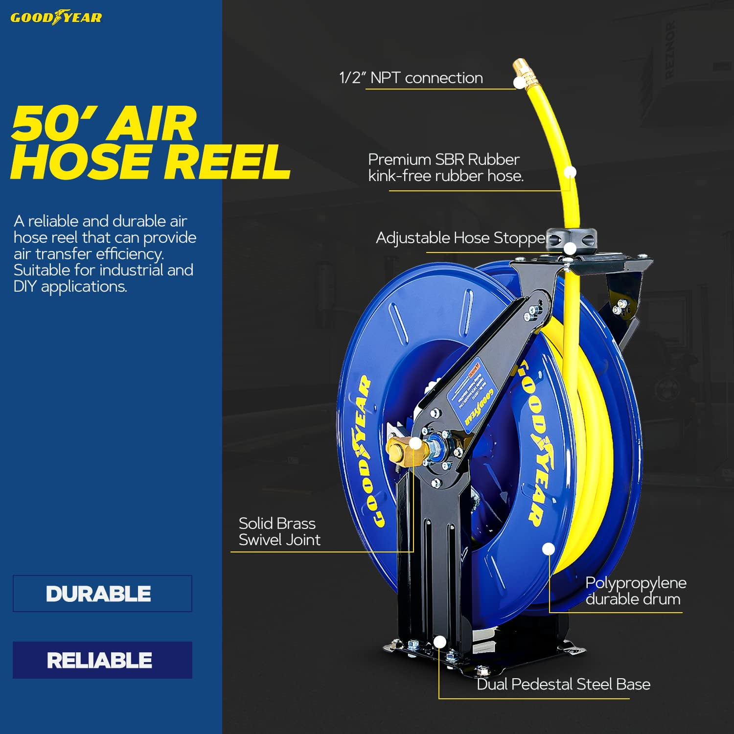 Goodyear TRI-L820154G 0.5 in. x 50 ft. Dual Arm Retractable Air Hose Reel