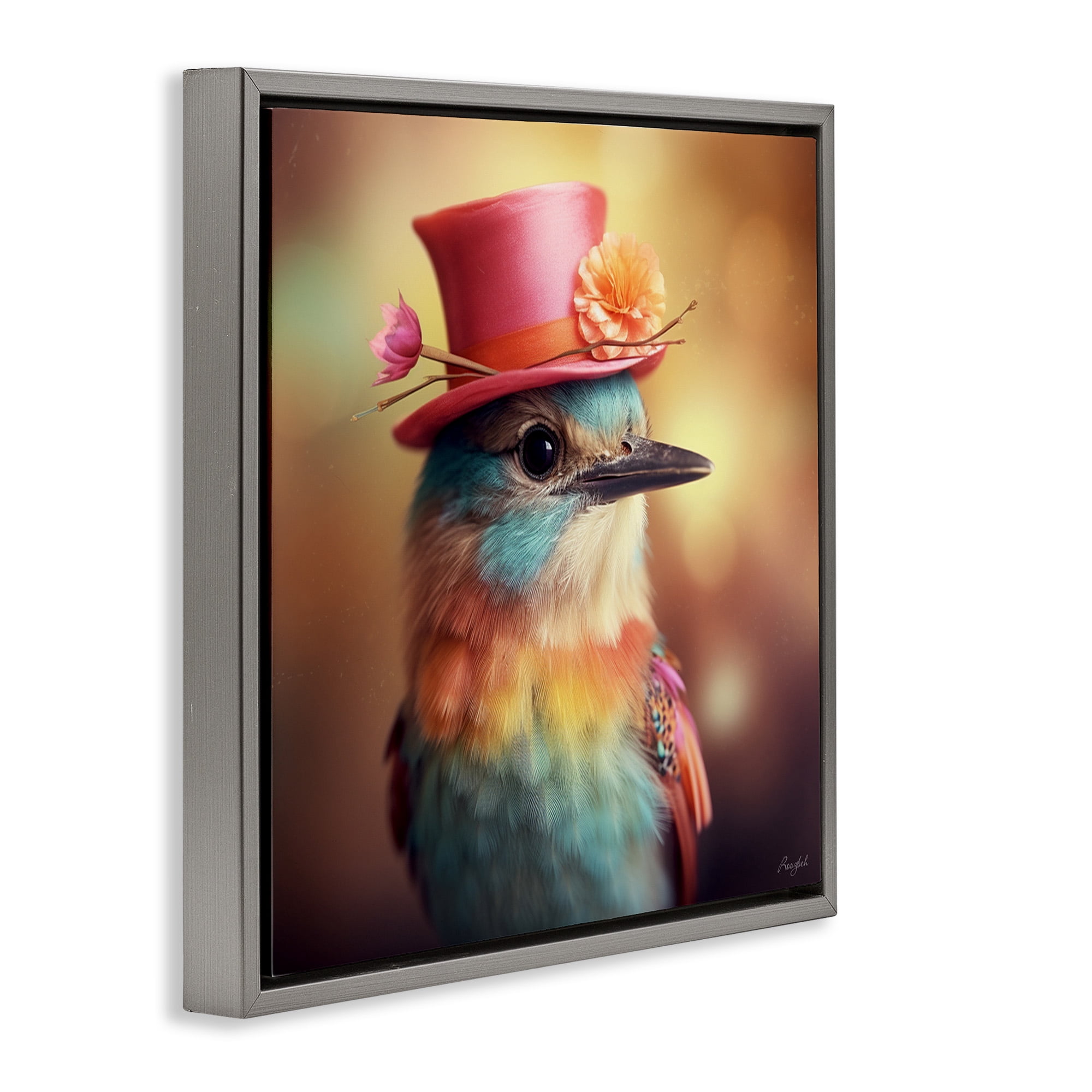 Stupell Industries Pastel Bird in Hat Animals & Insects Painting Gray Floater Framed Canvas Art Print Wall Art, 25 x 25