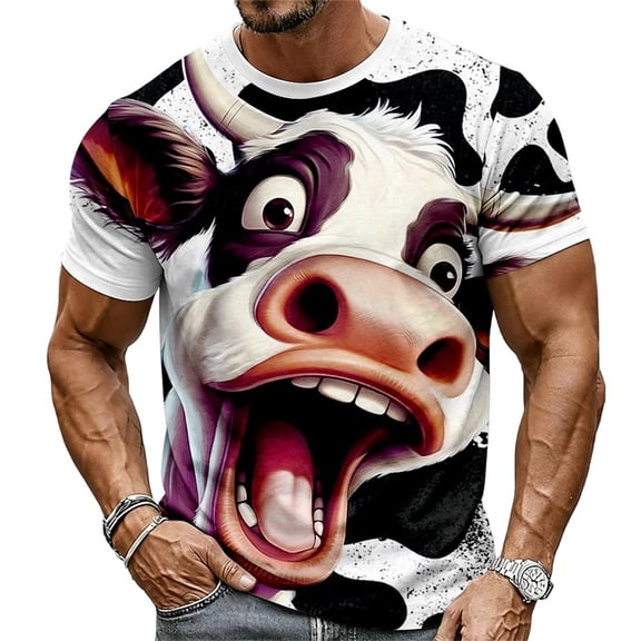 LILIYA Mens Cow Graphic T Shirt Geometric Printed Crew Neck Short Sleeve Casual Streetwear Fashion Tee Lightweight Daily Outfit Top