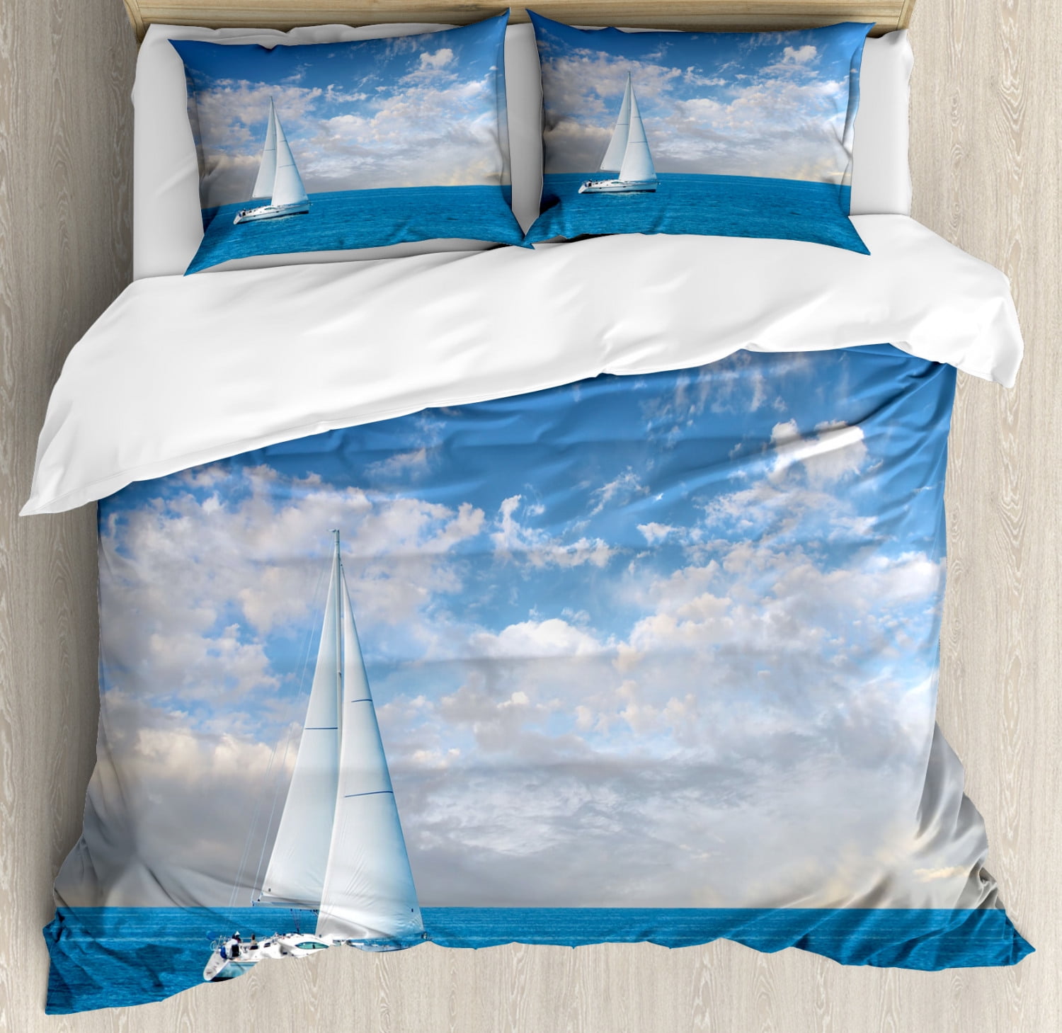 Ocean Duvet Cover Set Modern Sail Boat On Sea Horizon Cloudy Sky