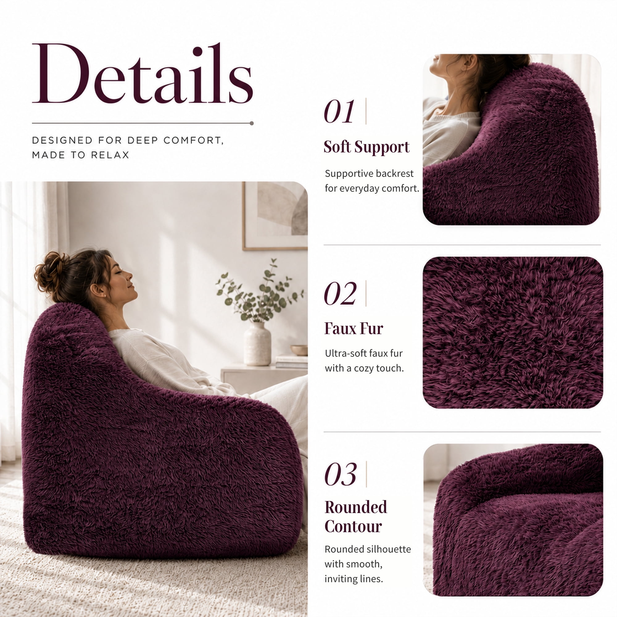 Aenkyo 40.6 Inch Faux Fur Single Sofa Chair, Comfy Lounge Chair in a Box, Burgundy