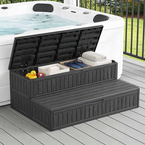 OROFULL Spa Hot Tub Steps with 32 Gallon Storage, Anti-Slip Spa Steps with Enclosed Cabinet for Poolside Patio Indoor, Black