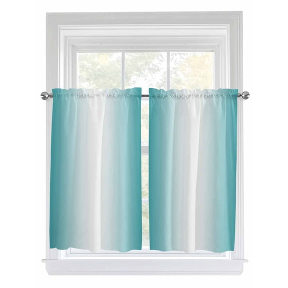 Tier Curtains 45 Inches Long, Teal Ombre Window Treatment Curtain Drapes, Turquoise White Gradient Modern Abstract Art Small Curtain Drapes for Bathroom Laundry Room, 27.5"x45", 2 Panels