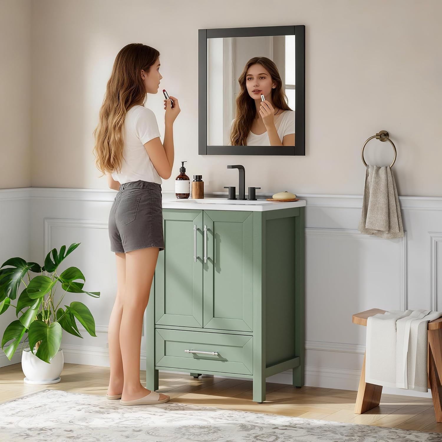 24" Bathroom Vanity with Sink, Freestanding Wooden Bathroom Vanity Cabinet with Soft-Closing Door and Metal Handle, Modern Floor Standing Storage for Small Spaces，Light Green