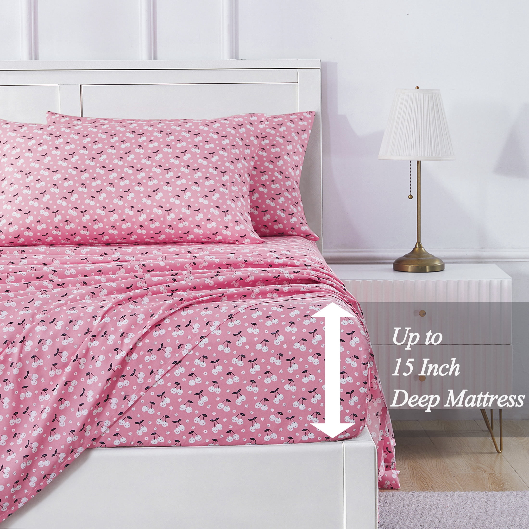 Summerween Soft Microfiber Sheet Set, Pink & White Skull Cherries, Full