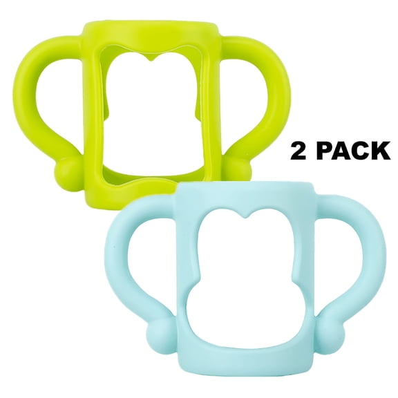ACDANC 2 Pack Bottle Handles for Narrow Baby Bottles, Silicone Wide-Neck with Easy Grip Handles to Hold Their Own Bottle, Blue and Green
