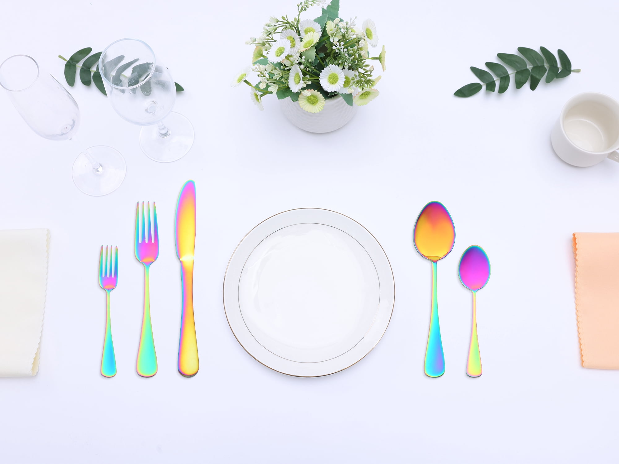Unique Bargains Stainless Steel Flatware Set Mirror Polished Colorful 30 Pcs