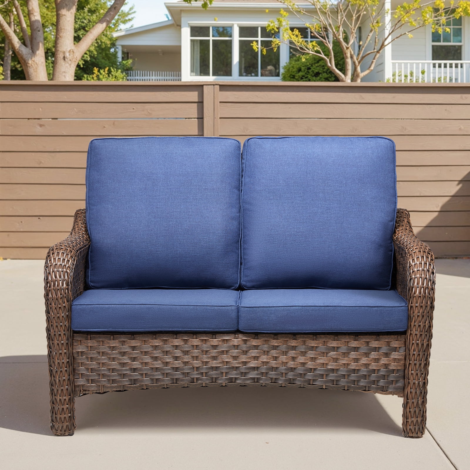Hommoo 49.6" PE Wicker Rattan Outdoor Patio Furniture Sofa Couch, 2 Seat Patio Loveseat Cushions, Blue