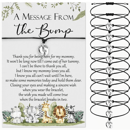 10 Sets Baby Shower Bracelets Gifts for Guests Adjustable Footprints Bracelets Lovely Animal Card Charm Baby Shower Gift for Gender Reveal Thank You Gifts