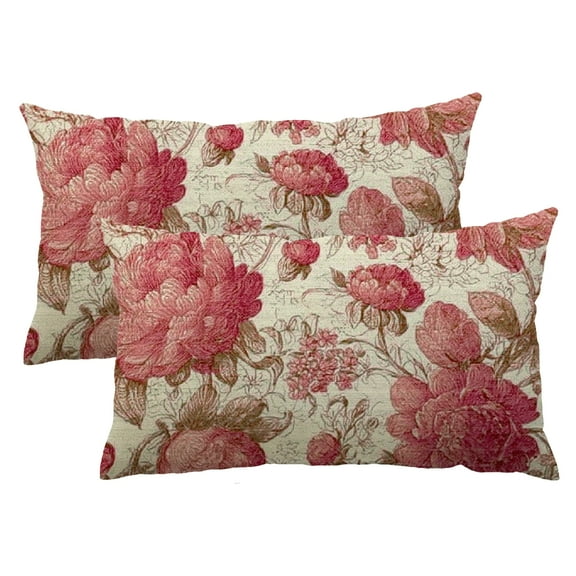 QKZF Pink Floral Lumbar Throw Pillow Covers 12x20 Set of 2 Chinoiserie Flower Decorative Pillow Cover Vintage Outdoors Pillowcase Cushion Case Home Decor for Sofa Couch Bed 12x20inch