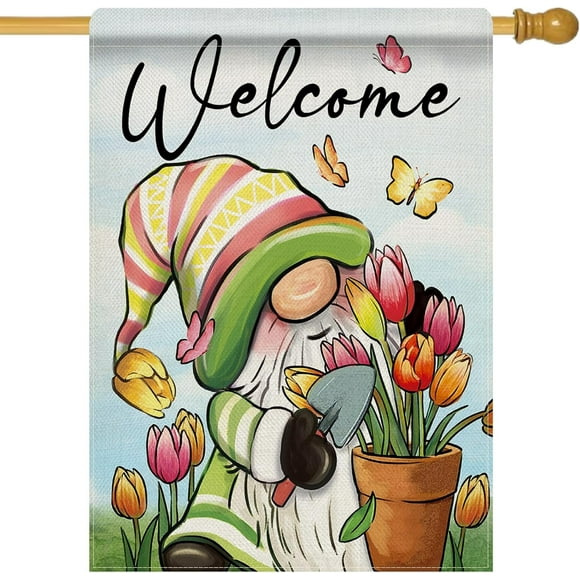 Welcome Spring Gnome 28 x 40 House Flag Double Sided, Tulip Flower Pot Garden Yard Decorations, Seasonal Butterfly Burlap Outdoor Decor Decorative Large Flag