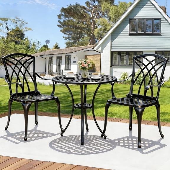 Withniture 3 Piece Patio Bistro Set Cast Aluminum Bistro Table Set Outdoor Patio Furniture with Umbrella Hole for Patio Balcony, Black