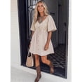 thumbnail image 6 of Black V-Neck Lace Insert Boho Short Dress With Flutter Sleeves And Button, 6 of 30