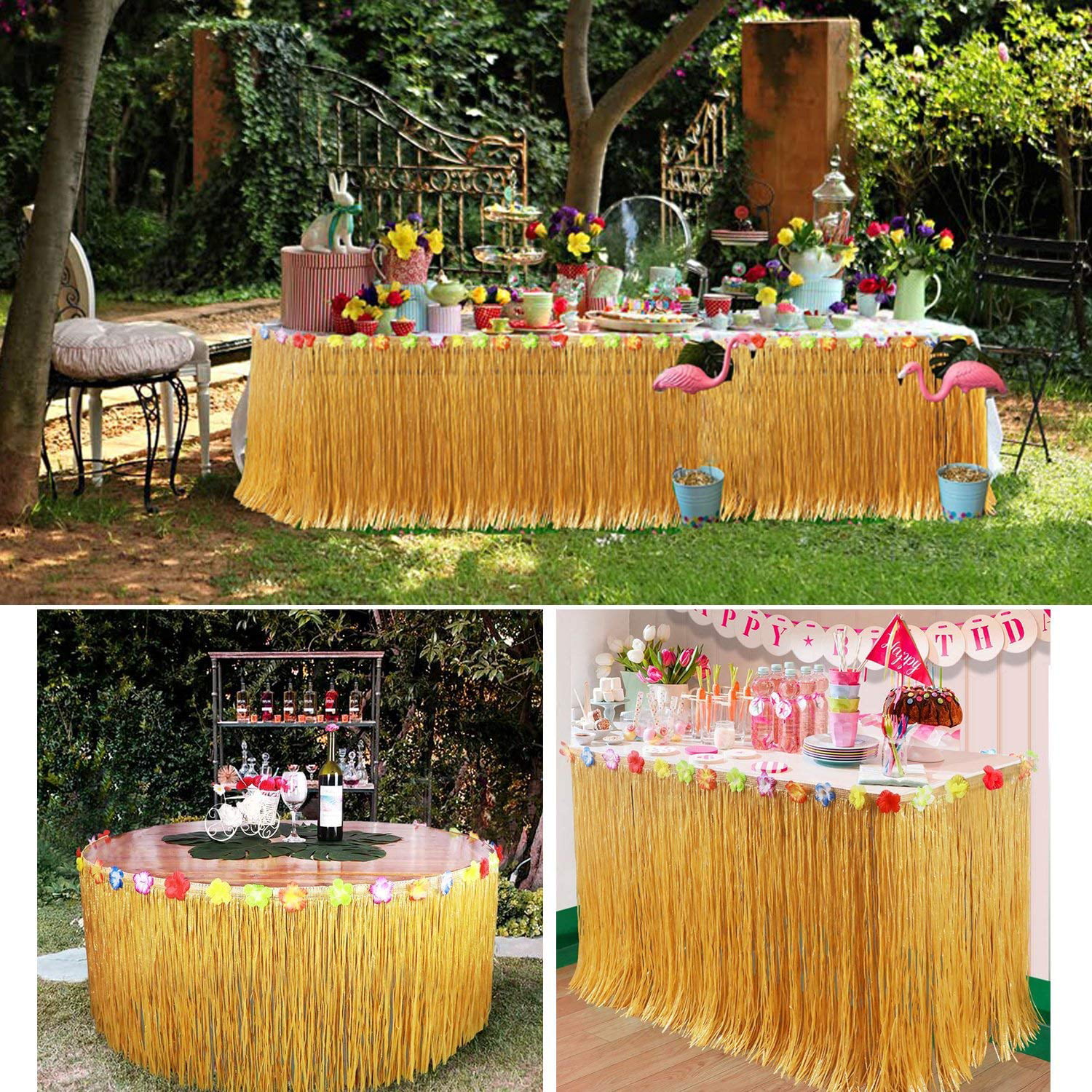 Party Table Skirt Hawaiian Party Decorations BKJJ Hawaiian Style Table Skirt Hawaiian Hibiscus Grass Table Skirt with 30 Faux Silk Flowers for BBQ Tropical Garden Beach Summer Party Decorations