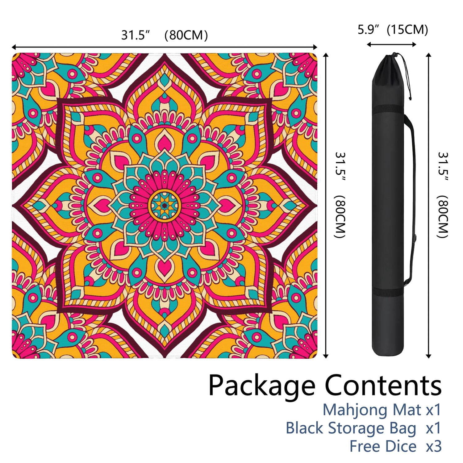 Mandala Mahjong Mat for Table, 31.5*31.5in Anti Slip American Mahjong Table Cloth, Noise Reduction, Neoprene Mah jongg Mat with Carrying Bag & 3 Dices, Mahjong Accessories Gift, Board Tile Games Mats