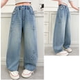 thumbnail image 5 of KVPLBQFD Girls Straight Leg Jeans Kids Y2K Star Applique Denim Pants Teens Casual Elastic Waist Jeggings Pants with Pockets, 5 of 7