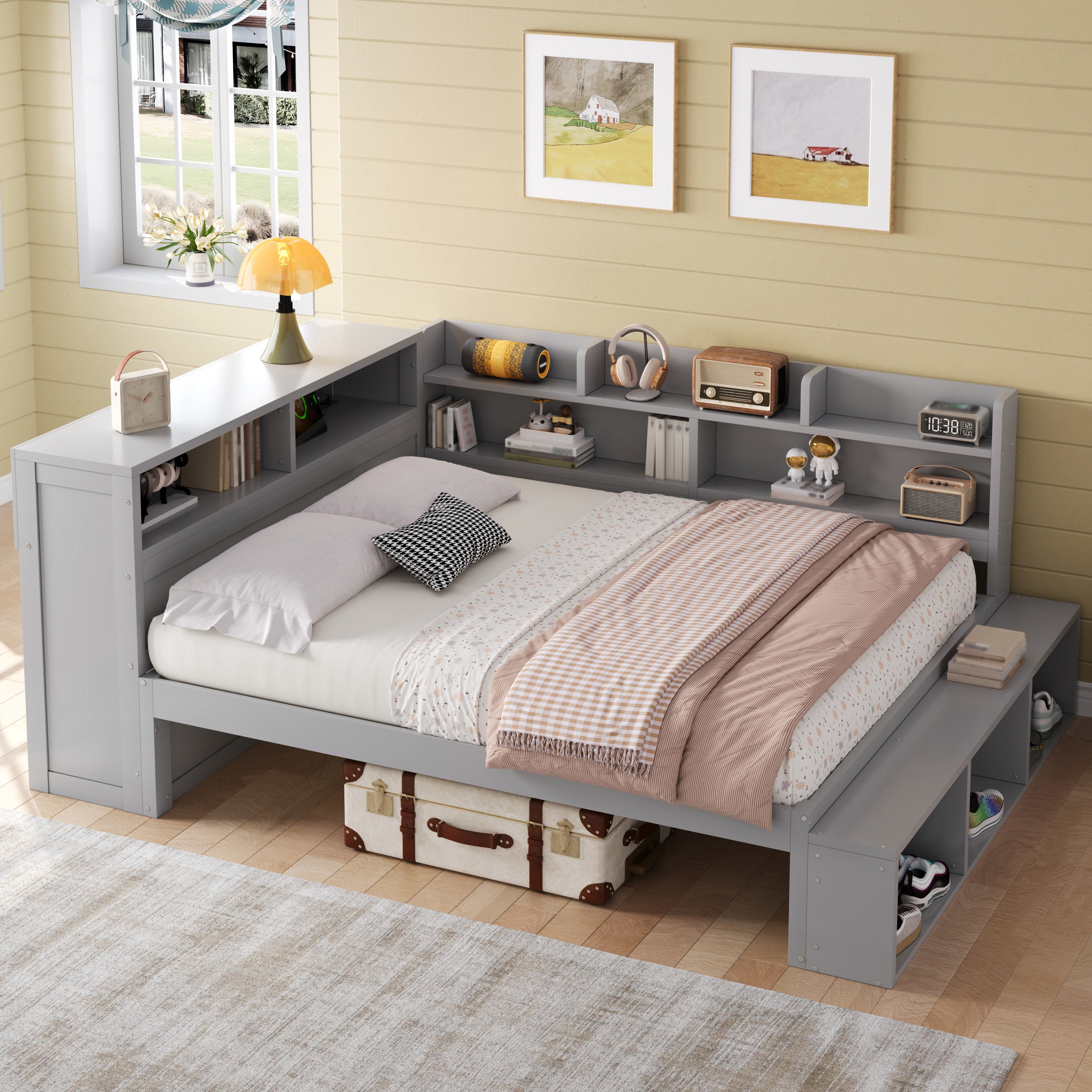 Mintazer Full Size Daybed with Storage Cabinets & Charging Station, Platform Bed Frame with Shoe Rack, Gray
