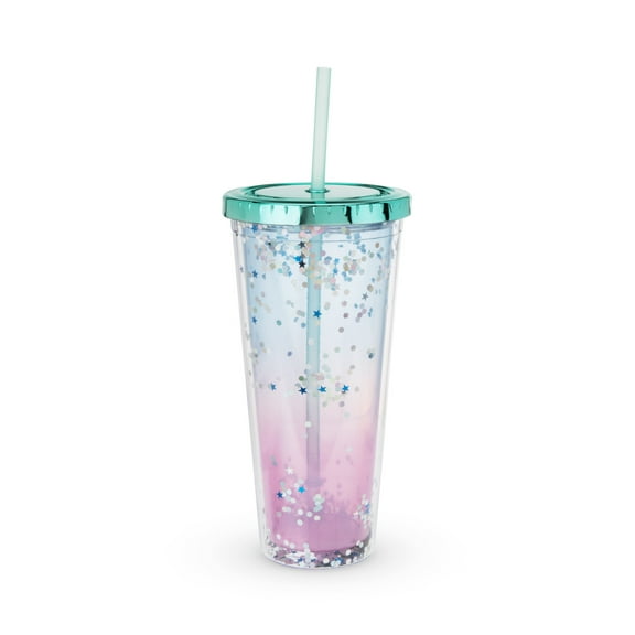 Blush Mermaid Glitter Tumbler with Straw, Iced Coffee Cups, 24oz Set of 1