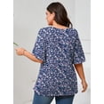 thumbnail image 5 of SHOWMALL Women's Plus Szie Tops V Neck Loose Fit Short Sleeve Indigo Clustered Blooms 3X Casual Blouse for Summer Relaxed Style Shirts Everyday Wear Outfit, 5 of 6