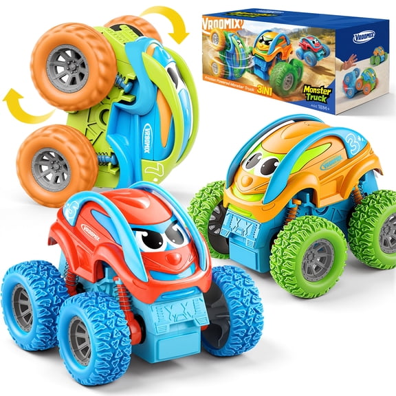 VROOMIX 3‑Piece Stunt Monster Truck Toys, Friction Driven Pull‑Back Cars with Crash Flip & Bouncing Action, Great Christmas & Birthday Gift for Boys Ages 18M