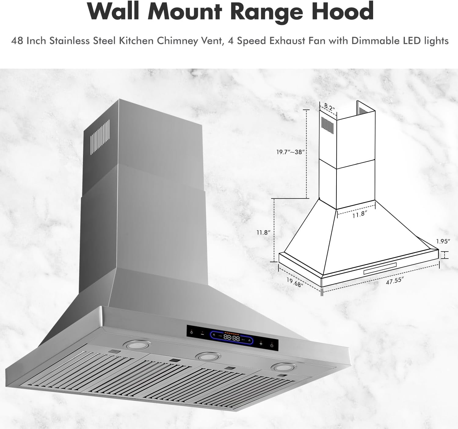 48 inch Wall Mount Range Hood Convertible Vent with Permanent Baffle Filters 800 CFM Stainless Steel for Kitchen Gesture Sensing & Touch Control, 4 Speed Exhaust Fan, ETL listed