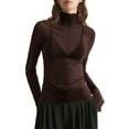 thumbnail image 2 of EchfiProm Tops for Women Mesh Slim Fit Pullover Long Sleeve Brown Trendy Mock Neck Ladies Undershirts, 2 of 6