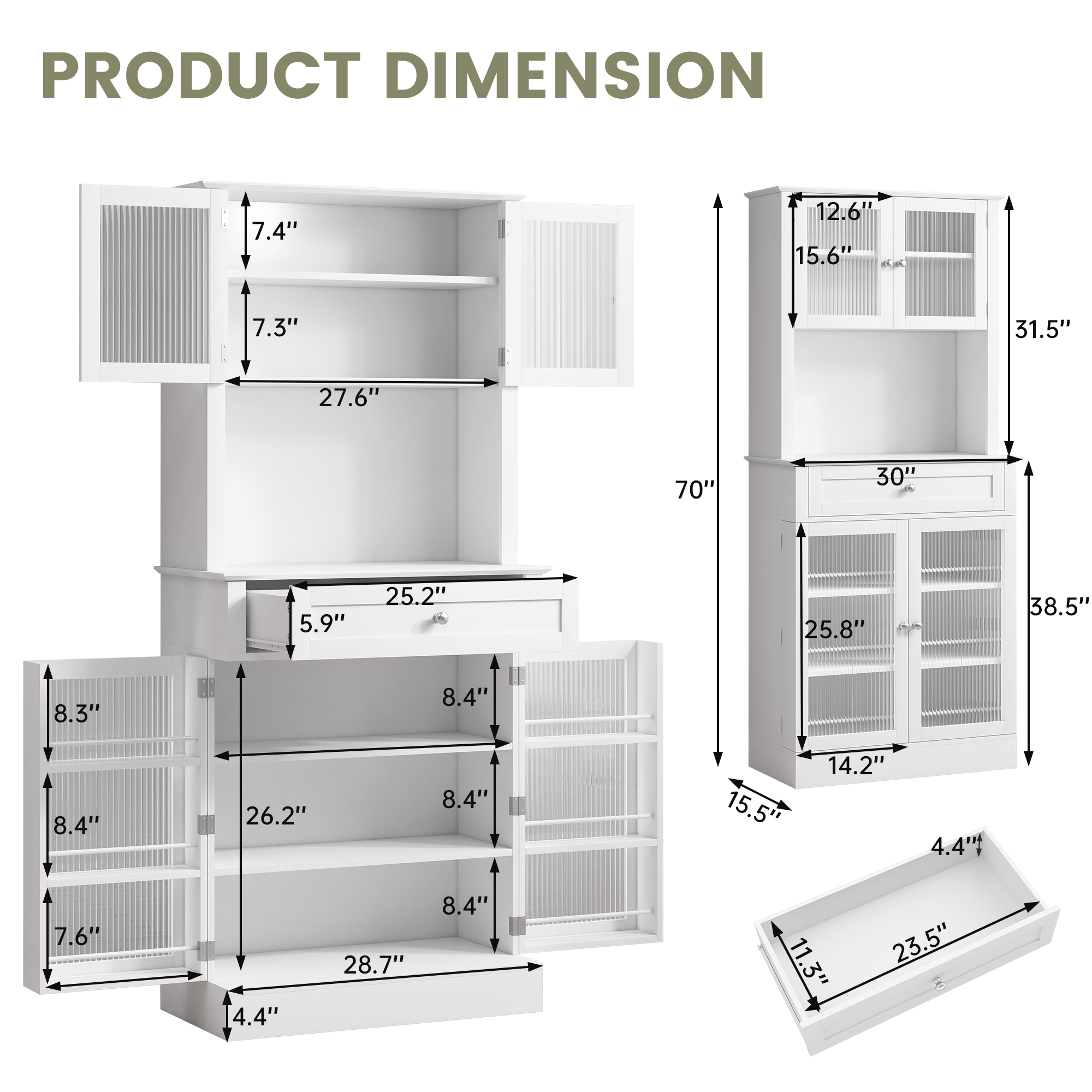 Danpinera Home 70" Tall Kitchen Pantry Cabinet with Hutch & 4 Glass Doors, Microwave Stand with Drawers, White