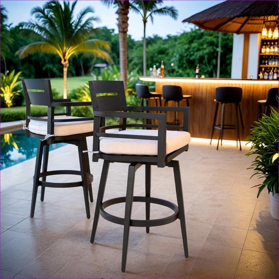 Outdoor 2-Piece Modern 360° Swivel Bar Stools, Weather-Resistant for Patio Poolside Bar | Ember Black | Aluminum