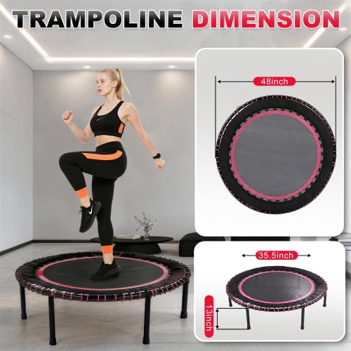 48 Inch Springless Mini Fitness Trampoline for Adults & Kids, 450lbs Capacity Quiet Rebounder with Bungee Ropes, Low Impact Indoor/Outdoor Exercise Equipment, Cardio Jumping Trainer for Home Gym Pink