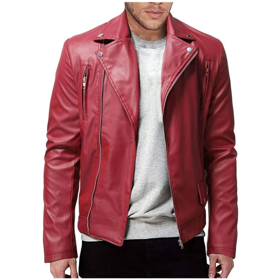 ZUKMRJPC Mens Faux Leather Jacket Lightweight Long Sleeve Zip Up Classic Lapel Solid Color Leather Motorcycle Jacket with Pockets