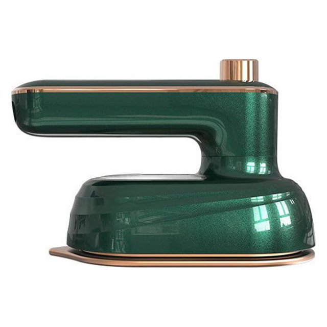 CEHVOM Portable Mini Ironing Machine, a compact handheld steam iron with a 180° rotatable handle, shown in a sleek green finish with gold accents. Features a foldable design, 50ml water tank, and dual dry and wet ironing capabilities. Ideal for home and travel use.